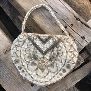 Vintage beaded tiny clutch purse cream gold